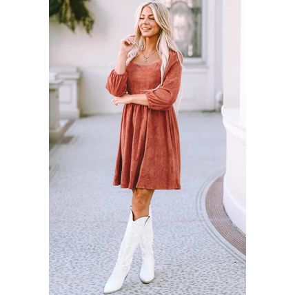 Brown Suede Square Neck Puff Sleeve Dress