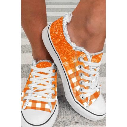 Orange Checkered Flat Canvas Shoes