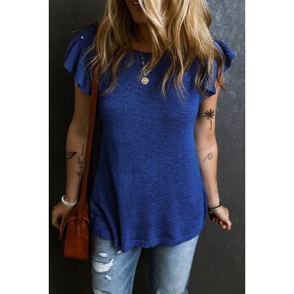 Dark Blue Ruffle Sleeve Knitted Sweater Top