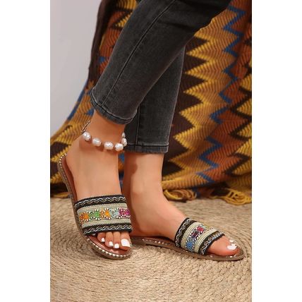Chestnut Bohemian Pattern Crochet Faux Leather Beach Slippers