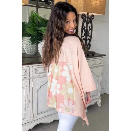 Pink Flower Patchwork Exposed Seam Oversized High Low Top