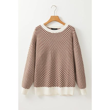 Coffee Contrast Edge Crew Neck Drop Shoulder Sweater