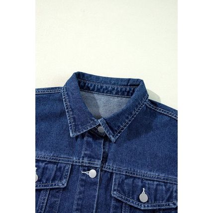 Navy Blue Ruffle Raw Hem Flap Pockets Denim Jacket