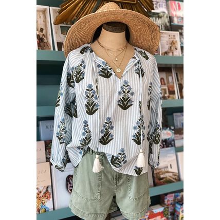 Beau Blue Striped Floral Printed Long Sleeve Tied V Neck Blouse