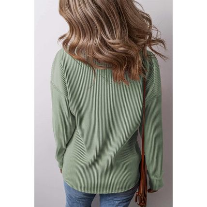 Clearly Aqua Plus Size Corded Knit Pocketed Crew Neck Top