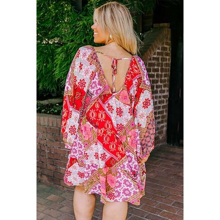 Rose Mixed Floral Long Sleeve V Neck Lace-up Hollowed Back Plus Size Dress
