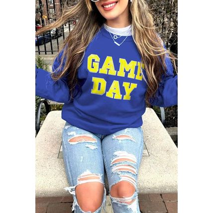 Dark Blue Game Day Crew Neck Graphic Pullover Sweatshirt