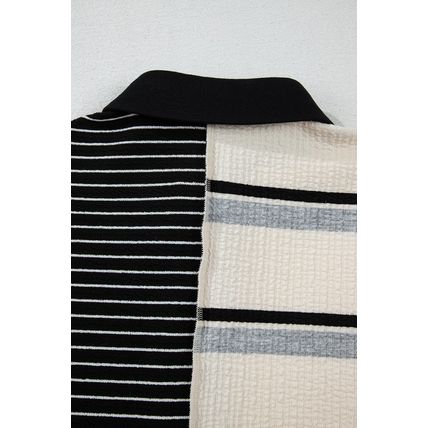 Black Stripe Colorblock Knit Henley Collar Shift Long Sleeve Mini Dress