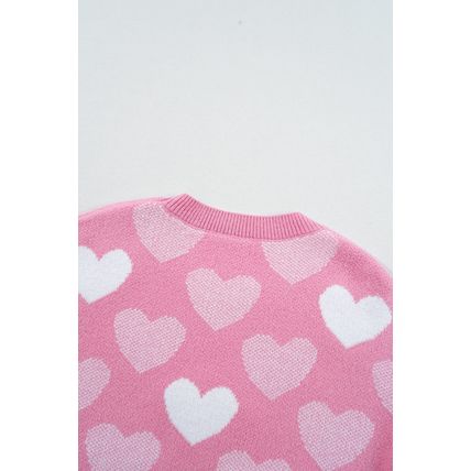 Pink Pearled Heart Print Valentines Crew Neck Sweater