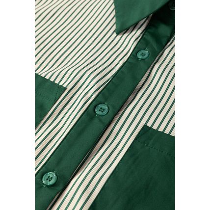 Green Patch Pockets Button Down Short Puff Sleeve Dress