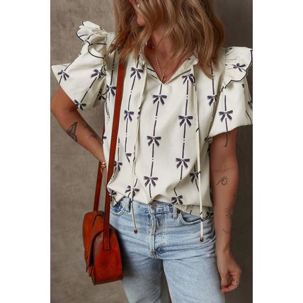 Beige Bow Printed Ruffled Bubble Sleeve Tied Notched V Neck Blouse