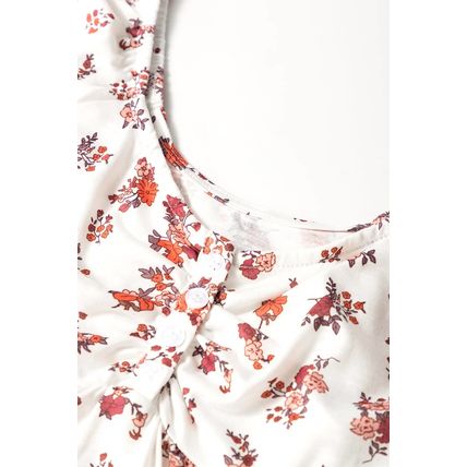 White Boho Floral Ruched Cinched Short Sleeve Blouse