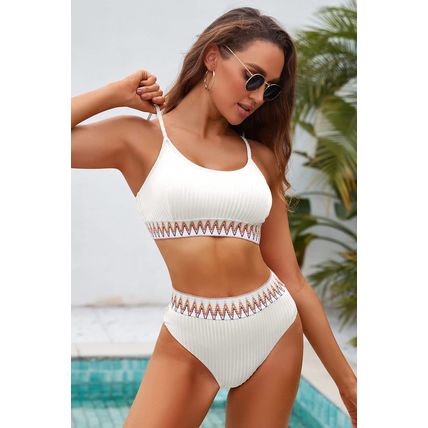 White Textured Contrast Banding Bikini High Waist 2pcs Swimsuit