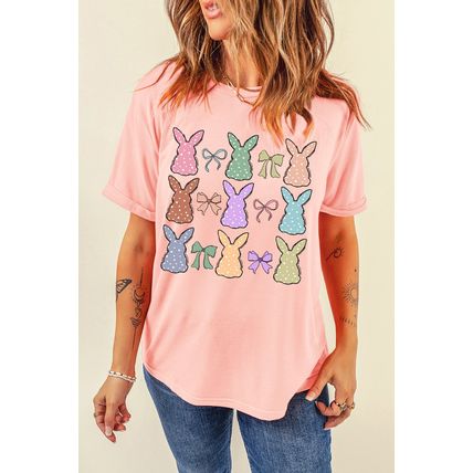 Pink Dotty Bunny Bow Printed Easter Day Fashion T Shirt