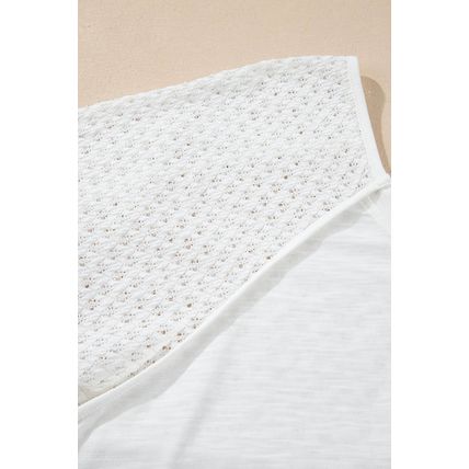White Eyelet Patchwork High Low Hem V Neck Oversized Top