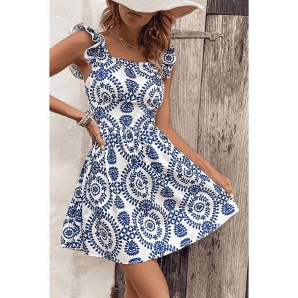 Blue Floral Print Ruffled Tied Backless A-line Mini Dress