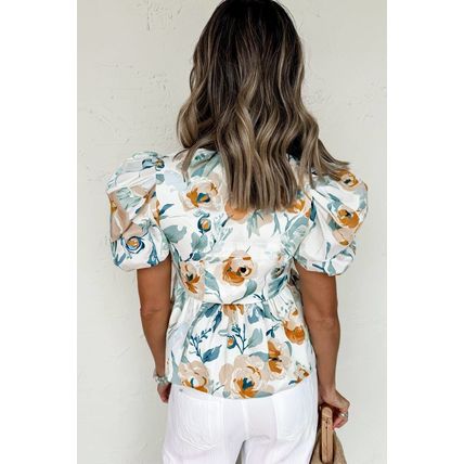 Green Floral Print Puff Sleeve V Neck Babydoll Blouse