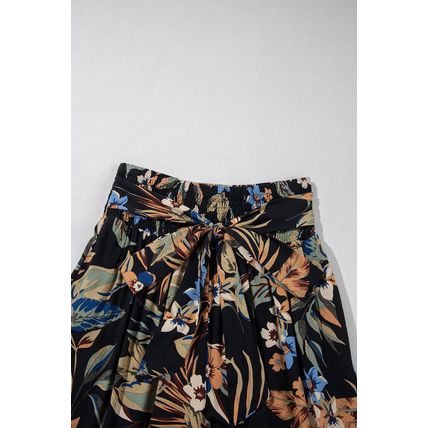 Multicolour Floral Shirred High Waist Wide Leg Pants with Tie