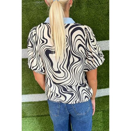 White Zebra Stripe Print Contrast V-Neck Ricrac Detail Short Sleeve Blouse Top