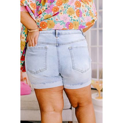 Beau Blue Folded Edge High Waist Plus Size Denim Shorts
