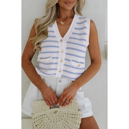 Sky Blue Stripe V Neck Gold Buttons Elegant Sweater Vest