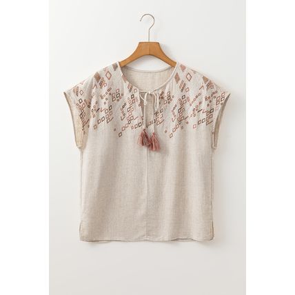 Jet Stream Geometric Embroidered Short Sleeve Tassel Tied V Neck Blouse