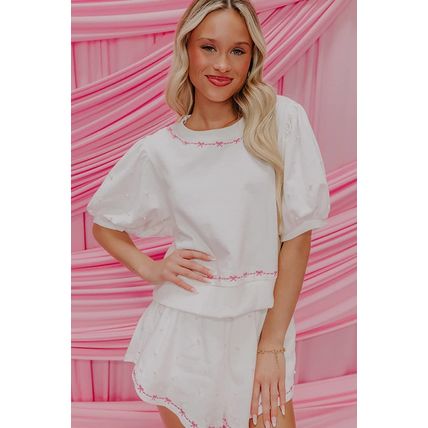 White Contrast Bow Trim Pearl Puff Sleeve Blouse and Skort 2pcs Set