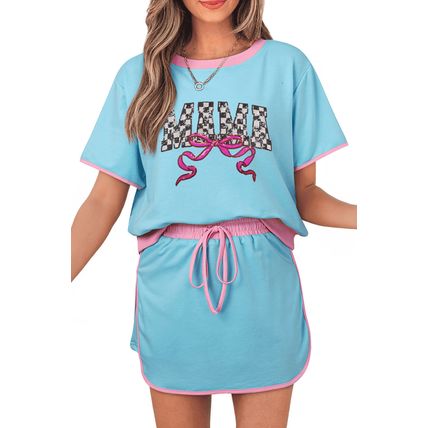 Turquoise MAMA Bow Patched Graphic Contrast Trim Tee and Mini Skirt Set