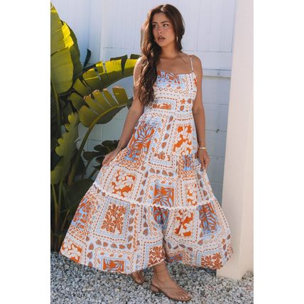 Orange Multi Printed Ricrac Trim Spaghetti Straps Maxi Dress