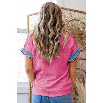 Bonbon Leopard Patchwork Corded Knit Crew Neck T Shirt
