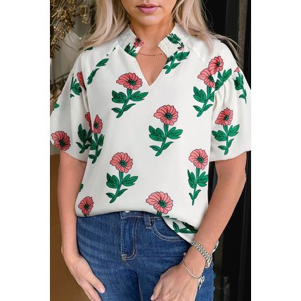Beige Floral Print Shirred Split Neck Short Sleeve Blouse