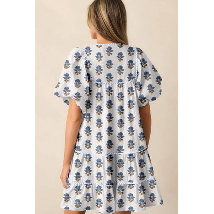 Sky Blue Floral Puff Sleeve Tied Neck Pocketed Mini Dress