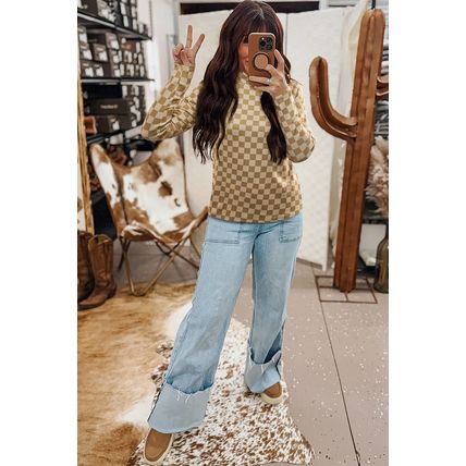 Khaki Check Pattern Turtleneck Ribbed Slim Long Sleeve Tee