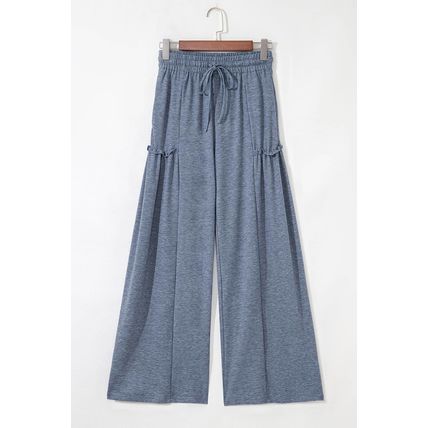 High Frilled Detail Wide Leg High Waist Knit Pants