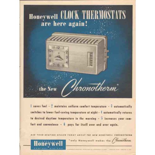 minneapolis-honeywell regulator company 1947 chronotherm vintage ad