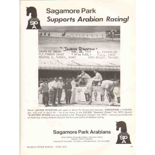 sagamore park arabians 1972 jayess rykstan racing horse vintage ad