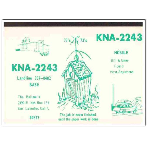 kna-2243 bill ballam san leandro calif 1960s cb qsl vintage postcard1