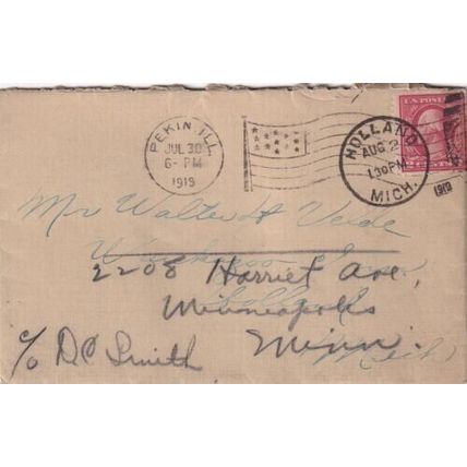 United States 1919 Pekin ILL-Holland MICH Cover Pekin ILL cancel written