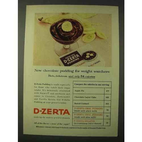 1955 General Foods D-Zerta Pudding Ad - chocolate pudding for weight watchers