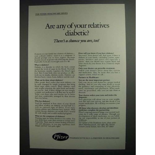 1984 Pfizer Pharmaceuticals Ad - Any Relatives Diabetic