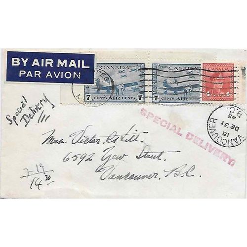 Canada Special Delivery Air Mail War Combo 1945 Winnipeg MAN to Vancouver BC