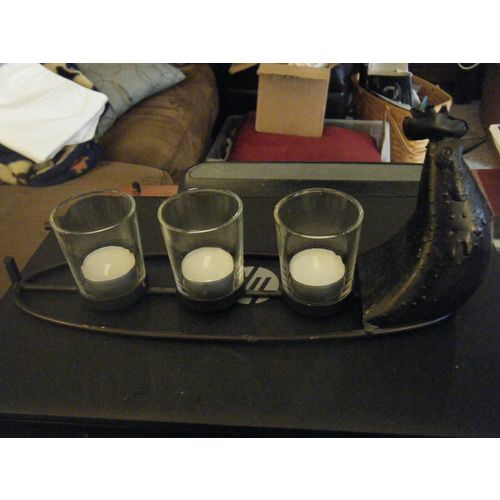 Rustic Wrought Iron & Tin Metal Rooster Chicken Triple Votive Candle Holder