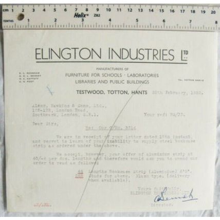 1952 letter Elington Industries, Testwood, Totton re steel bookcase strip