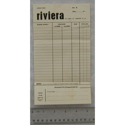 Vintage: unused order form Riviera, King Street, London