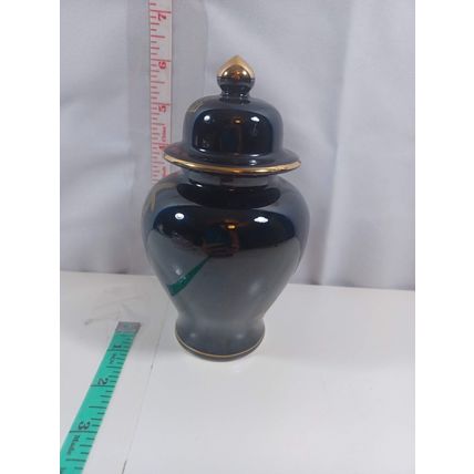 Vintage Fine China Black Jar Japan Flowers Gold Rim & Lid Button Vase 6 Inch