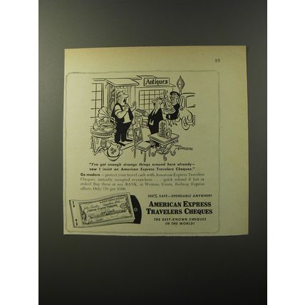 1953 American Express Travelers Cheques Ad - Cartoon by Tom Henderson - Strange