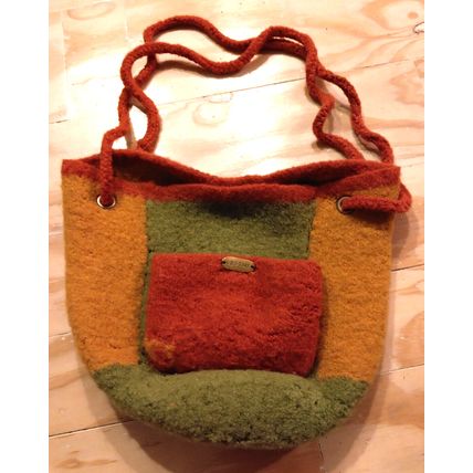 Handmade Wool Bucket Handbag Double Straps Outside Pocket Orange Yellow Green