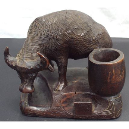 RARE Vintage Hand Carved Dark Rosewood Wooden Water Buffalo Ox Bull Statue HEAVY
