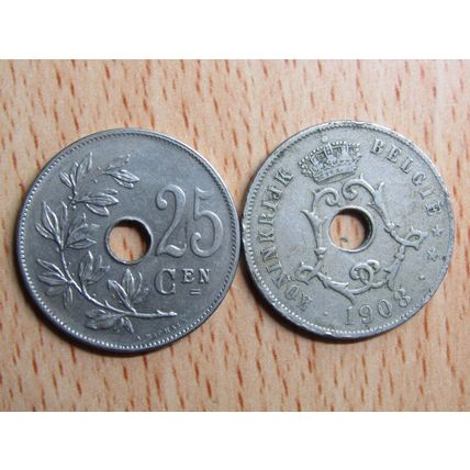 Belgium 1908 25 Centime Belgie (Dutch - Flemish Text) Coin