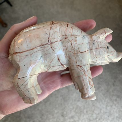 Large Pink Marble Carved Pig Figurine Farm Animal Polished Stone Swine 5" 539g